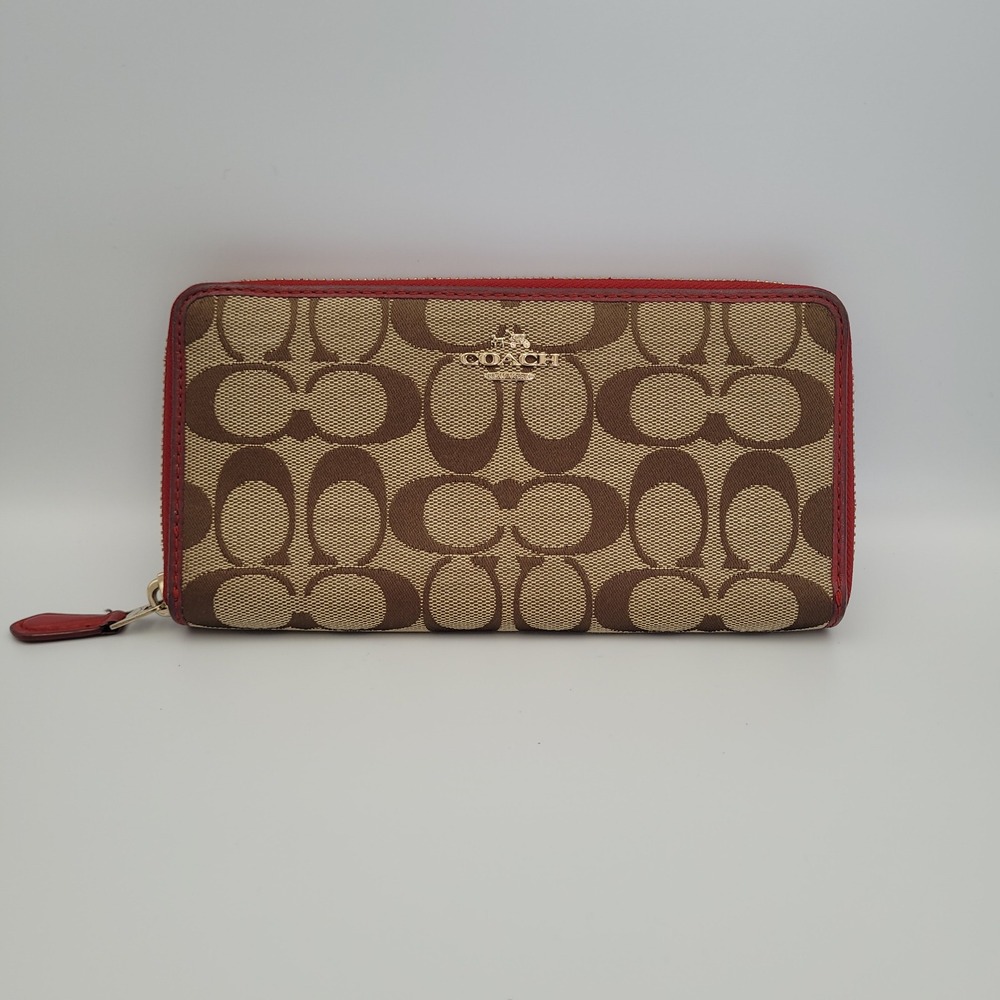 Coach Signature Accordion Zip Wallet Khaki Red Monogram Canvas F54630 Large